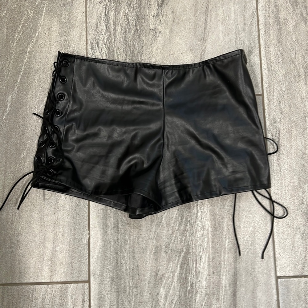 Faux Leather Lace Side Short Shorts